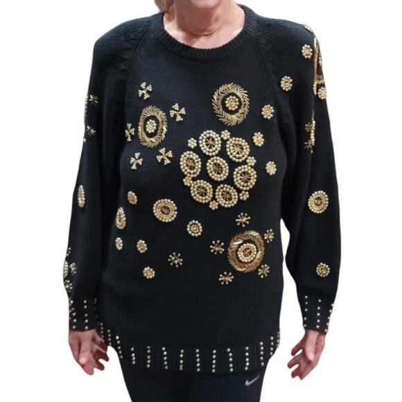 VNTG 90s Western Connection Beaded Pearl Metallic Sweater Sz M Ramie Cotton - Picture 1 of 10